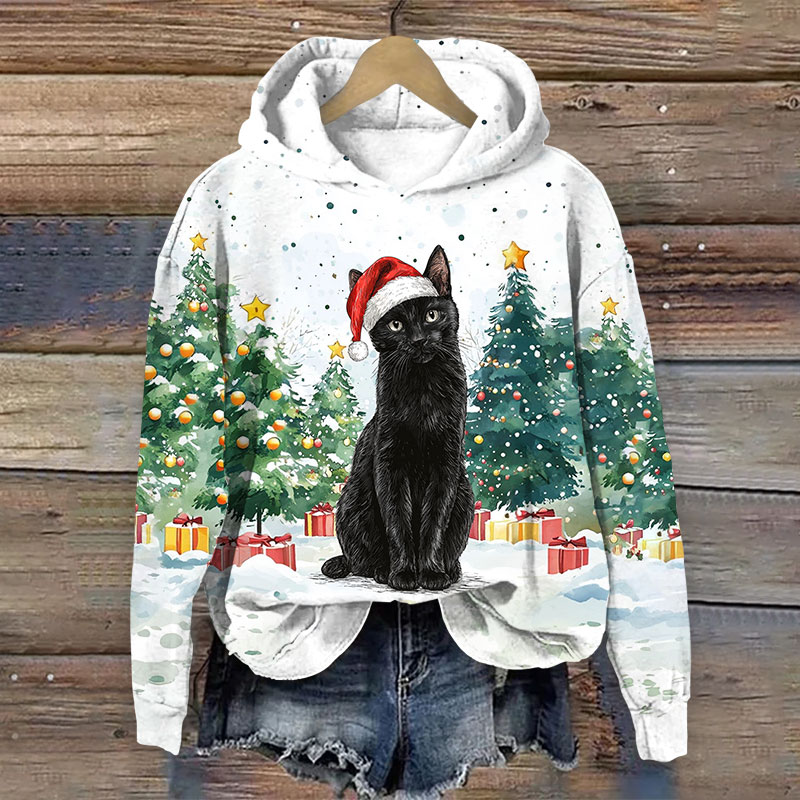 Christmas Tree Gifts & Santa Black Cat Art Print Long Sleeve Hoodie - White - US44-46(8XL) - image 1