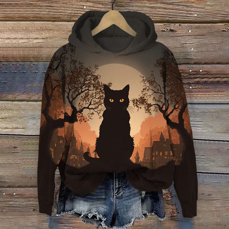 Halloween Black Cat In Dusk Art Print Long Sleeve Hoodie - Black - US44-46(8XL) - image 1