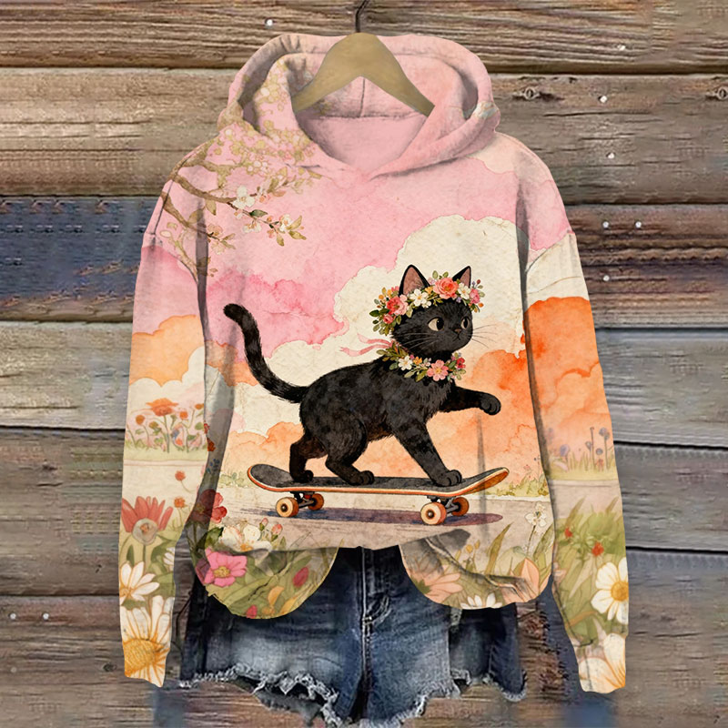Lovely Cat With Garland Playing Skateboard Art Print Long Sleeve Hoodie - Pink - US44-46(8XL) - image 1