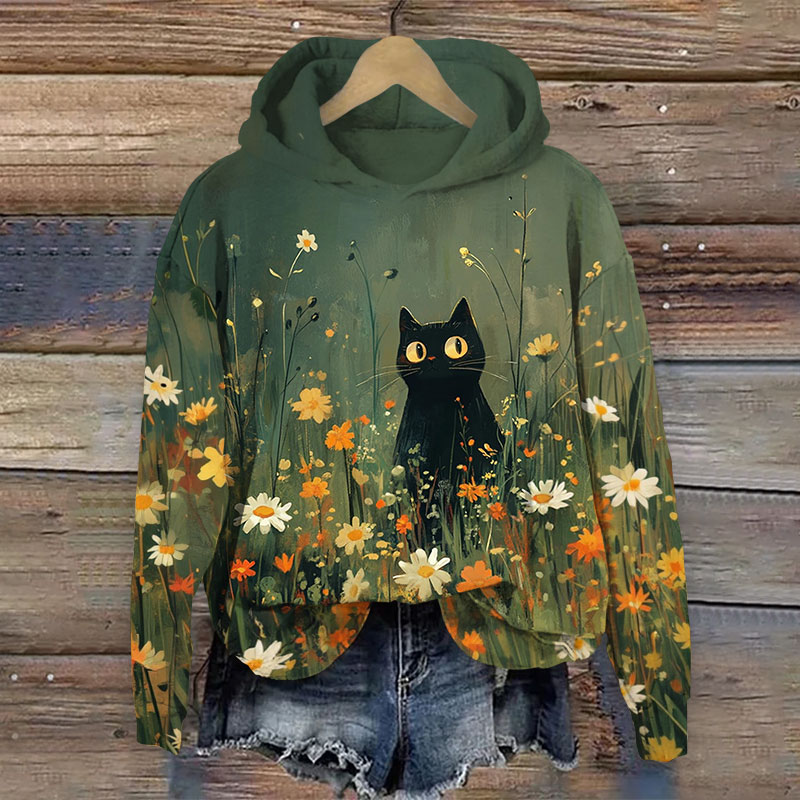 Oil Painting Funny Black Cat In Daisy Blossom Art Print Long Sleeve Hoodie - Green - US44-46(8XL) - image 1