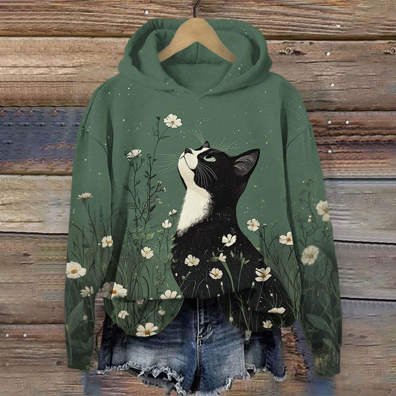 Vintage  Cat Looking At The Flowers Art Print Long Sleeve Hoodie - Green - US44-46(8XL) - image 1