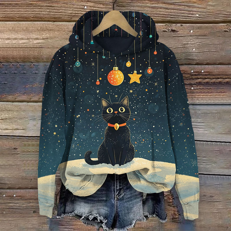 Cute Kitten Watching Starry Light Bulb Art Print Long Sleeve Hoodie - Blue - US44-46(8XL) - image 1