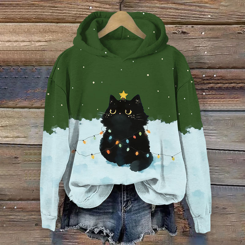 Black Cat Entangled With Colored Light Bulb Art Print Long Sleeve Hoodie - Green - US44-46(8XL) - image 1