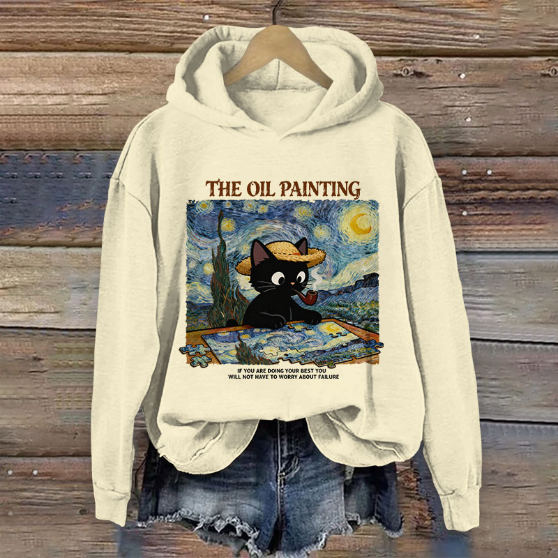 The Oil Painting Black Cat Pattern Art Print Long Sleeve Hoodie - Beige - US44-46(8XL) - image 1