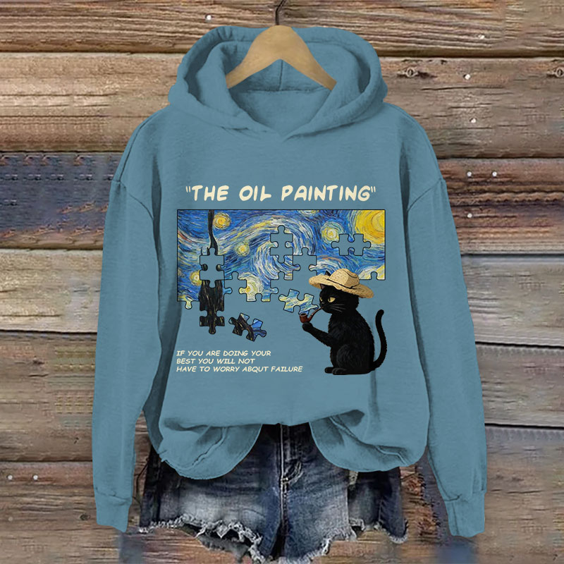 Oil Painting Black Cat Playing Puzzle Pattern Art Print Long Sleeve Hoodie - Blue - US44-46(8XL) - image 1