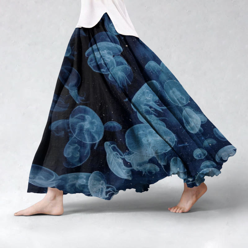 Ocean Starry Sky Jellyfish Art  Print Skirt - Dark Blue - 5XL - image 1