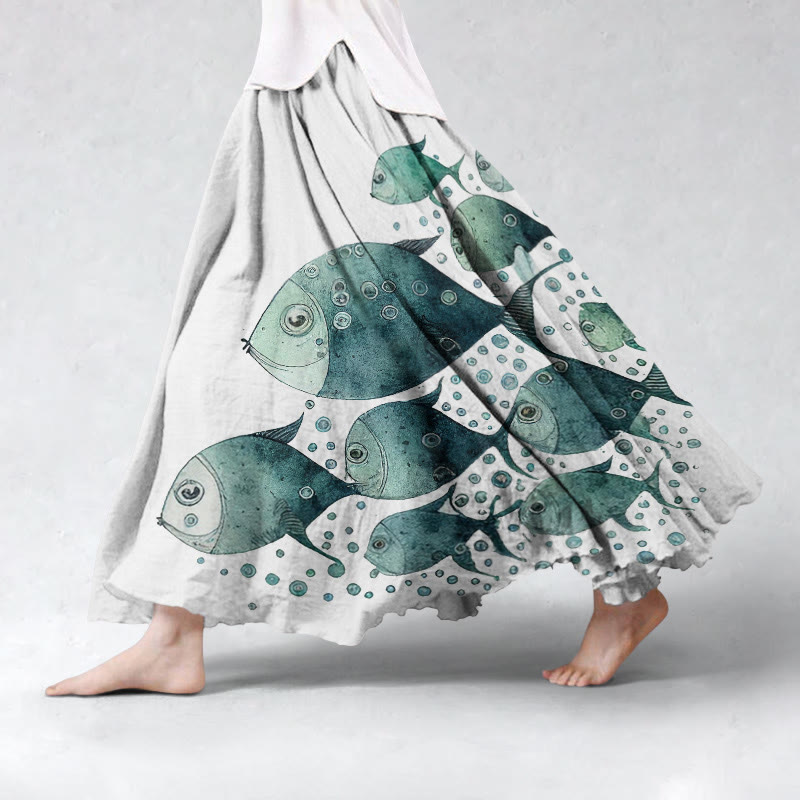 Vintage Fish Art Print Skirt - White - 5XL - image 1