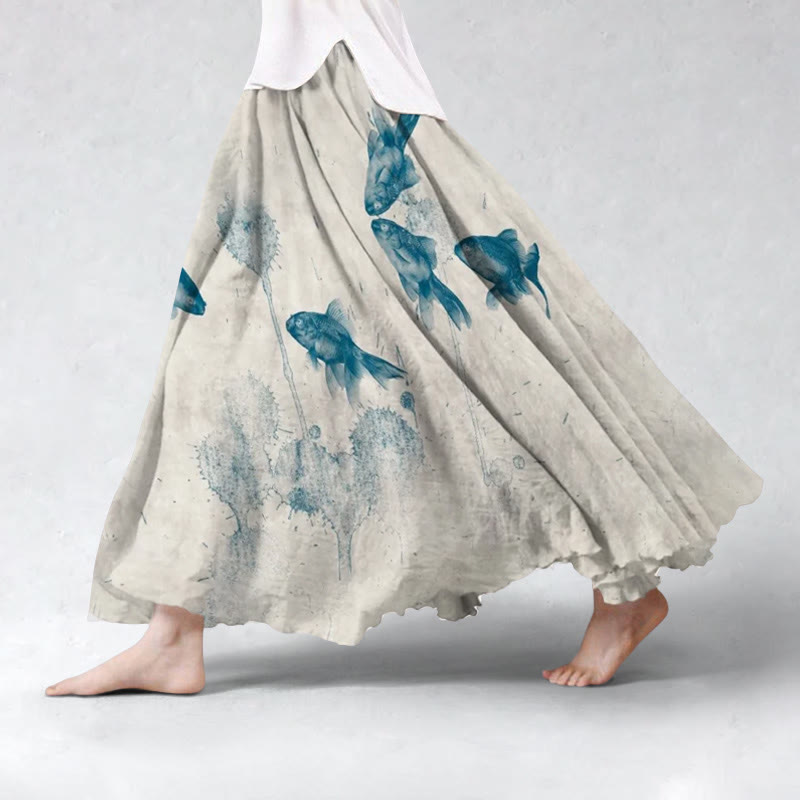 Women's Retro Koi Art Pattern Print Skirt - Apricot - 5XL - image 1