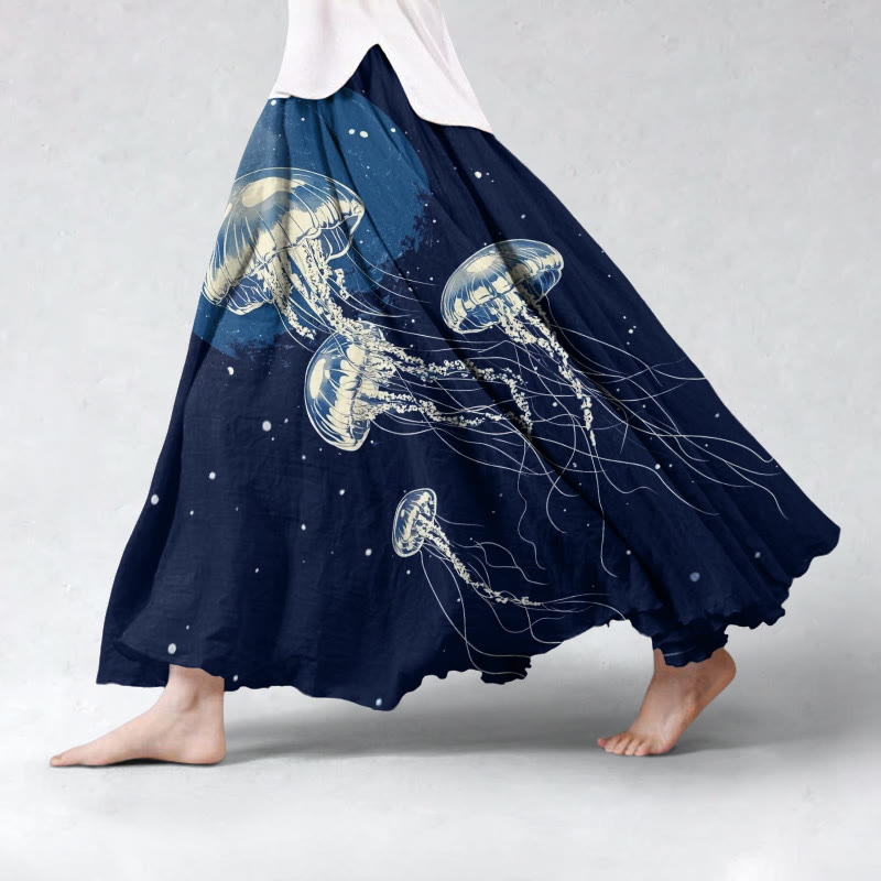 Women's Ocean Starry Sky Jellyfish Art Print Skirt - Dark Blue - 5XL - image 1