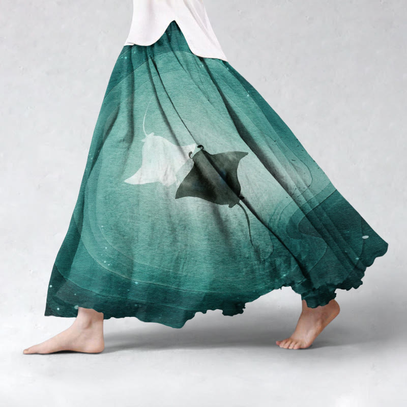 Women's Ocean Retro Fish Pattern Flowy Wide Skirt - Green - 5XL - image 1