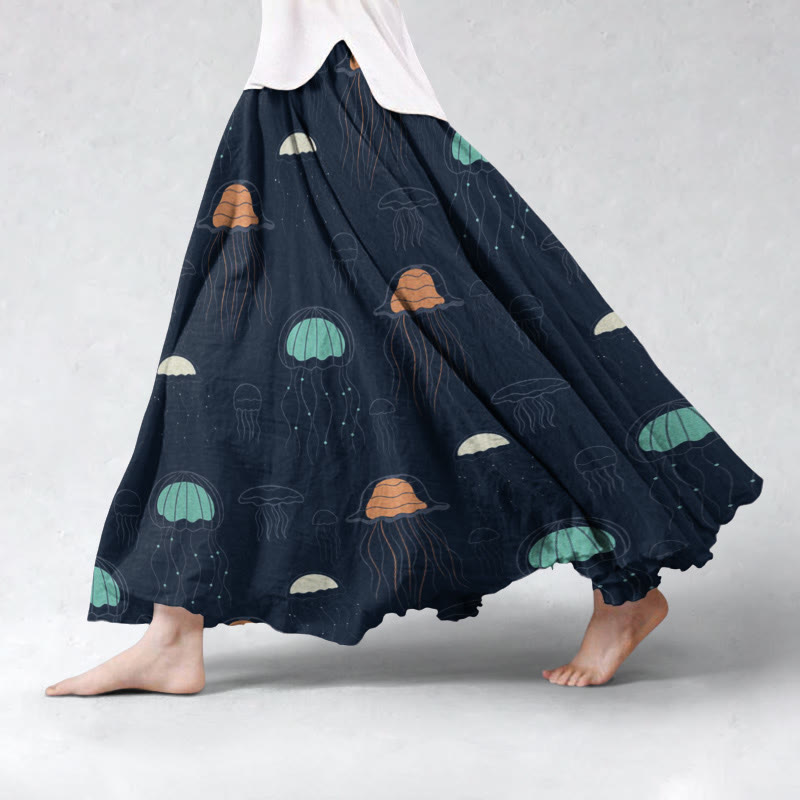 Retro Ocean Underwater Jellyfish Pattern Flowing Wide Skirt - Dark Blue - 5XL - image 1