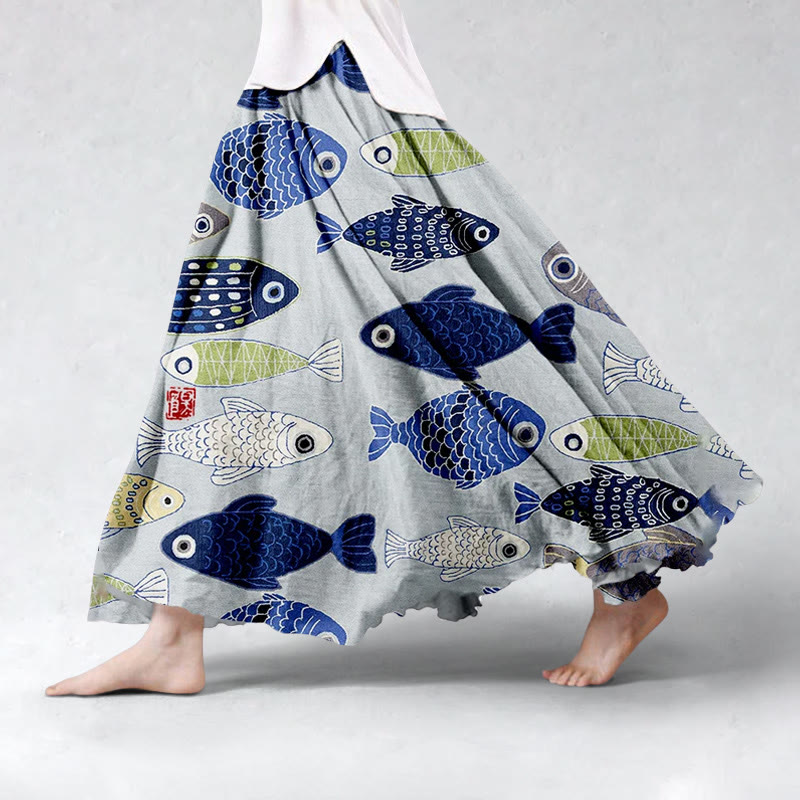 Retro Fish Pattern Japanese Art Linen Blend Flowing Wide Skirt - Grey - 5XL - image 1