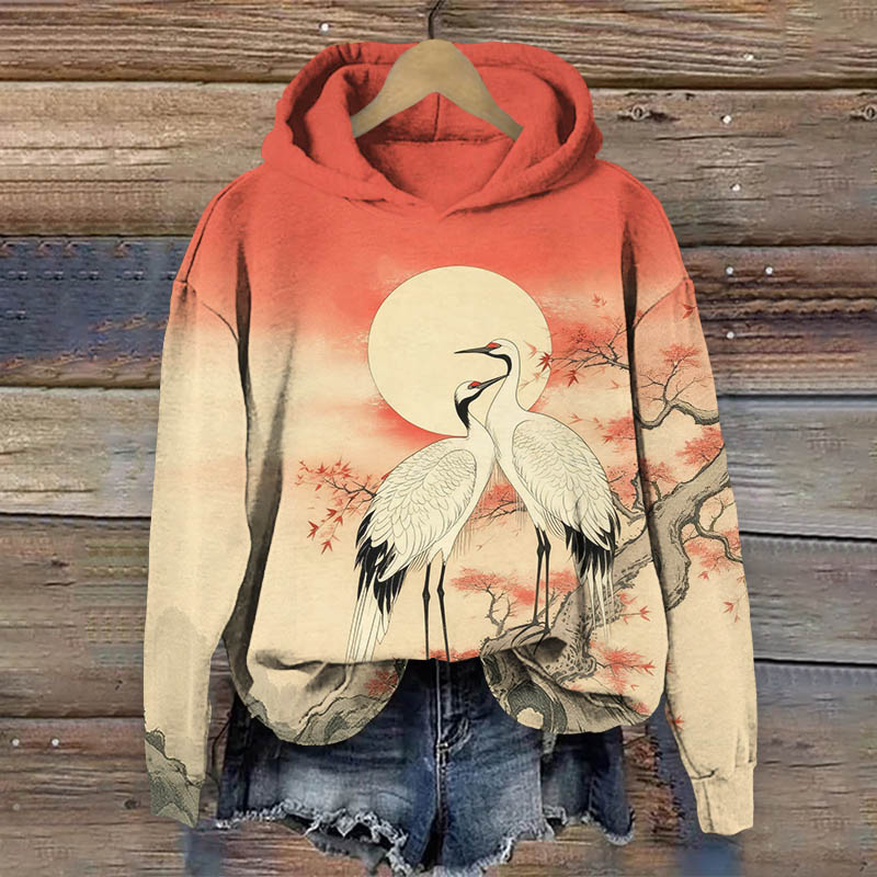 Loving Couple Cranes In The Moonlight Art Print Long Sleeve Hoodie - Orange - US44-46(8XL) - image 1
