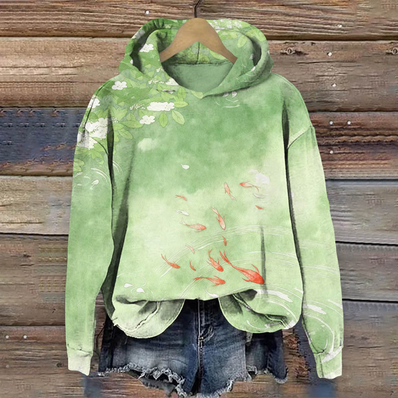  Summer Watercolor Koi Carp Pond Art Print Long Sleeve Hoodie - Green - US44-46(8XL) - image 1