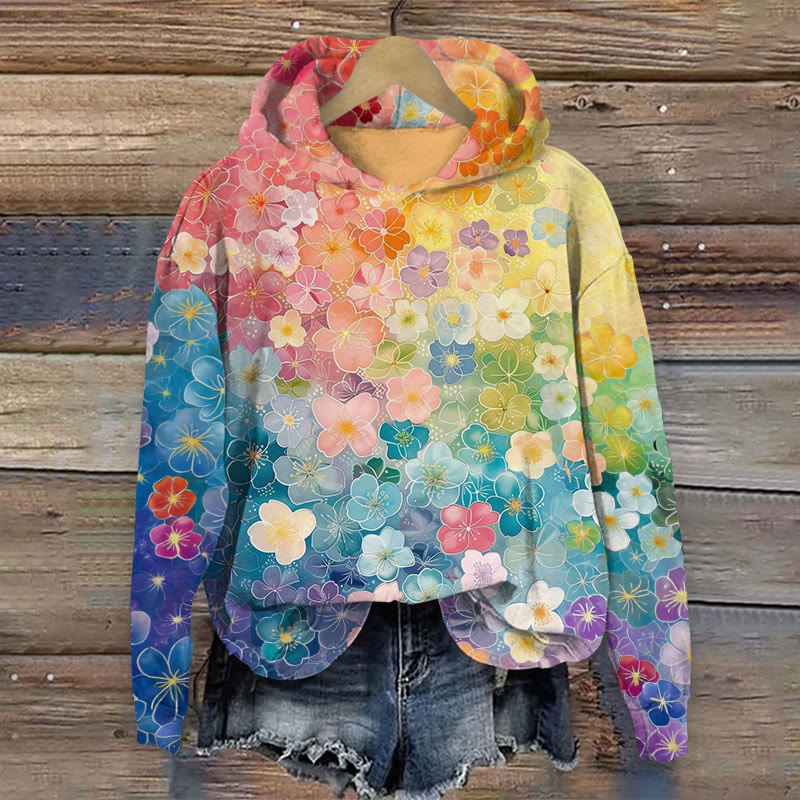 Colorful Small Flower Oil Painting Art Pattern Print Long Sleeve Hoodie - Multicolor - US44-46(8XL) - image 1