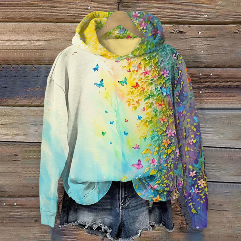 Artistic Oil Painting Butterfly And Floral Print Long Sleeve Hoodie - Multicolor - US44-46(8XL) - image 1