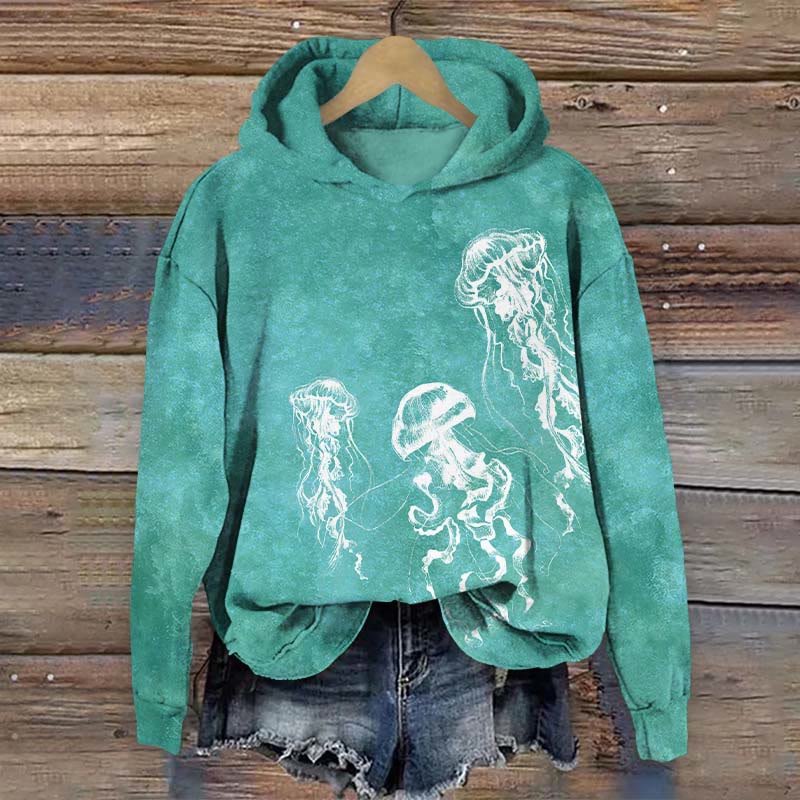 Artistic Jellyfish Graphic Art Print Long Sleeve Hoodie - Green - US44-46(8XL) - image 2