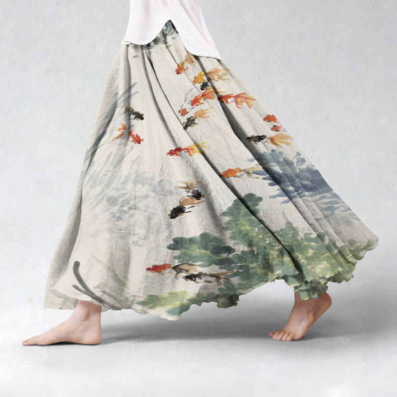 Women's Watercolor Goldfish Japanese Art Skirt - Apricot - 5XL - image 1