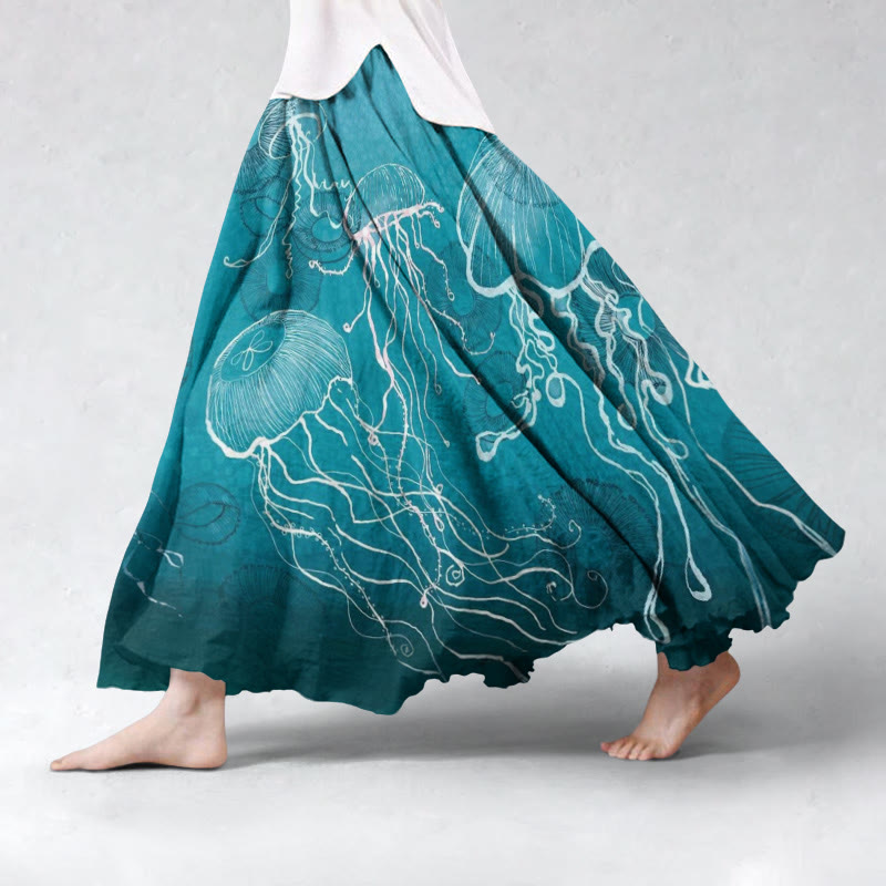 Deep Sea Retro Jellyfish Pattern Flowy Wide Skirt - Blue - 5XL - image 1