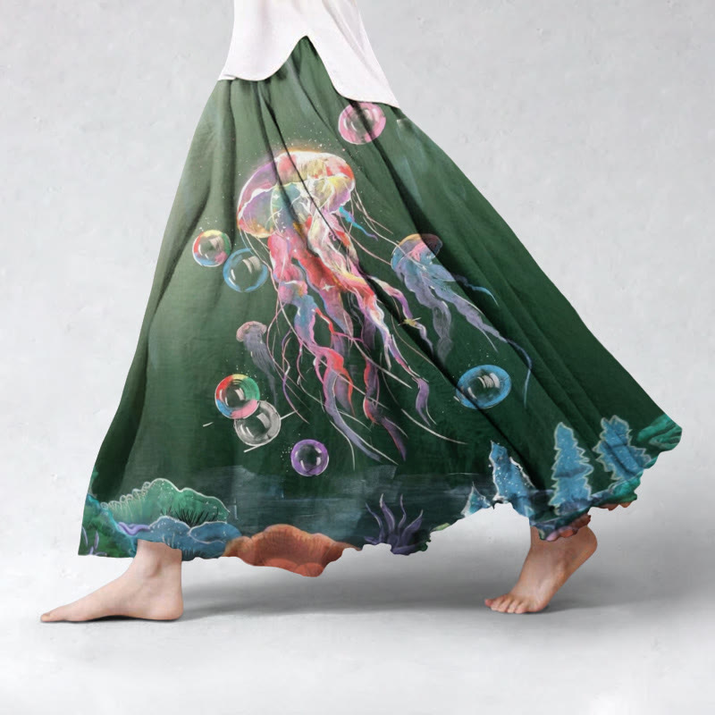 Ocean Jellyfish And Coral Art Print Wide Skirt - Army Green - 5XL - image 1