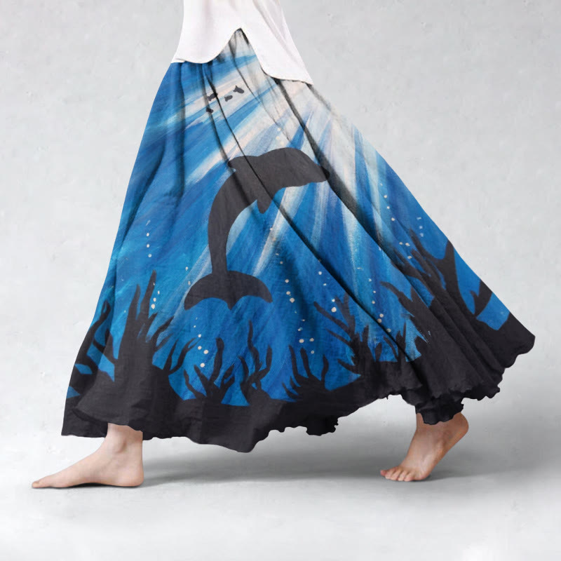 Ocean Whale And Seaweed Art Print Wide Skirt - Dark Blue - 5XL - image 1