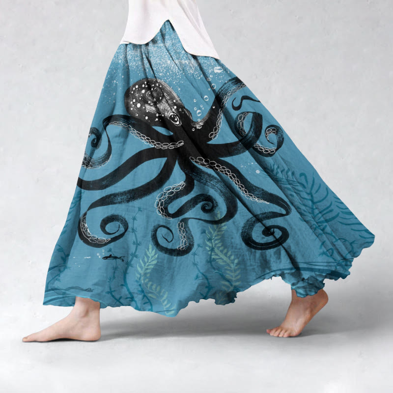 Octopus And Seaweed Art Print Wide Skirt - Blue - 5XL - image 1
