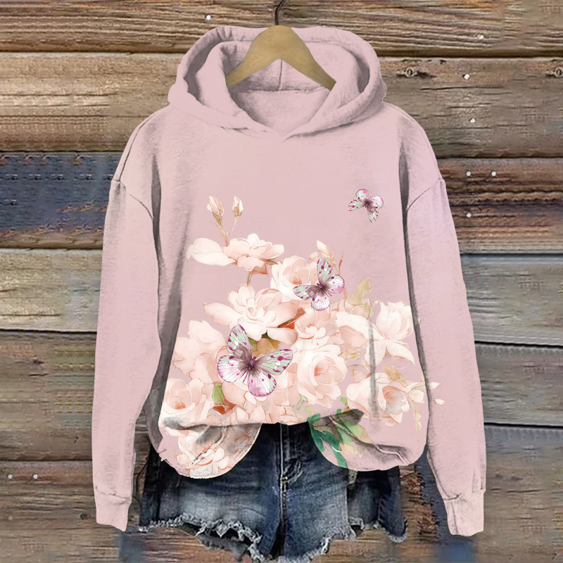 Lovely Vivid Rose & Butterfly Art Print Long Sleeve Hoodie - Pink - US44-46(8XL) - image 1