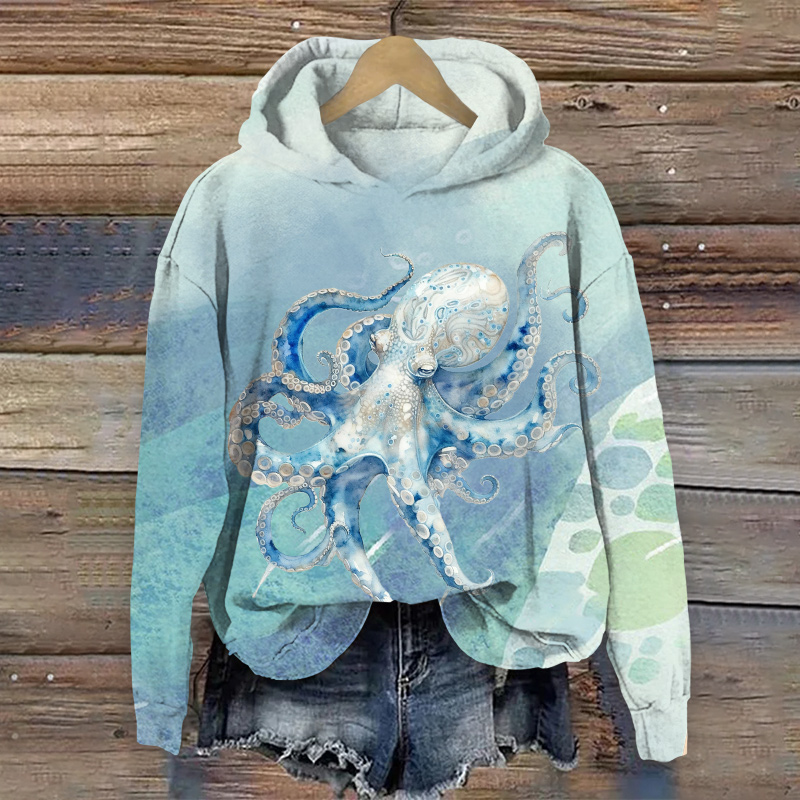 Retro Blue Ink Watercolor Octopus Art Print Long Sleeve Hoodie - Blue - US44-46(8XL) - image 1
