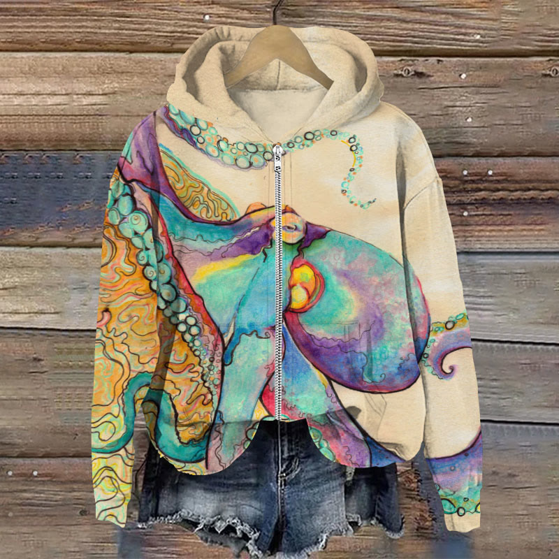 Colorful Octopus Art Print Long Sleeve Zipper Hoodie - Apricot - US28-30(4XL) - image 1