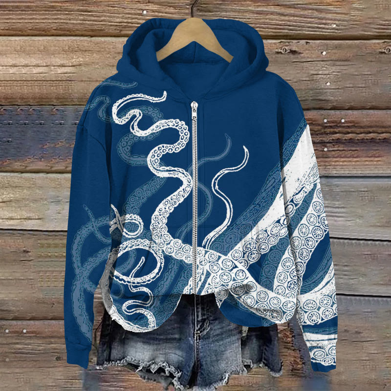 Octopus Tentacle Art Print Long Sleeve Zipper Hoodie - Dark Blue - US28-30(4XL) - image 1