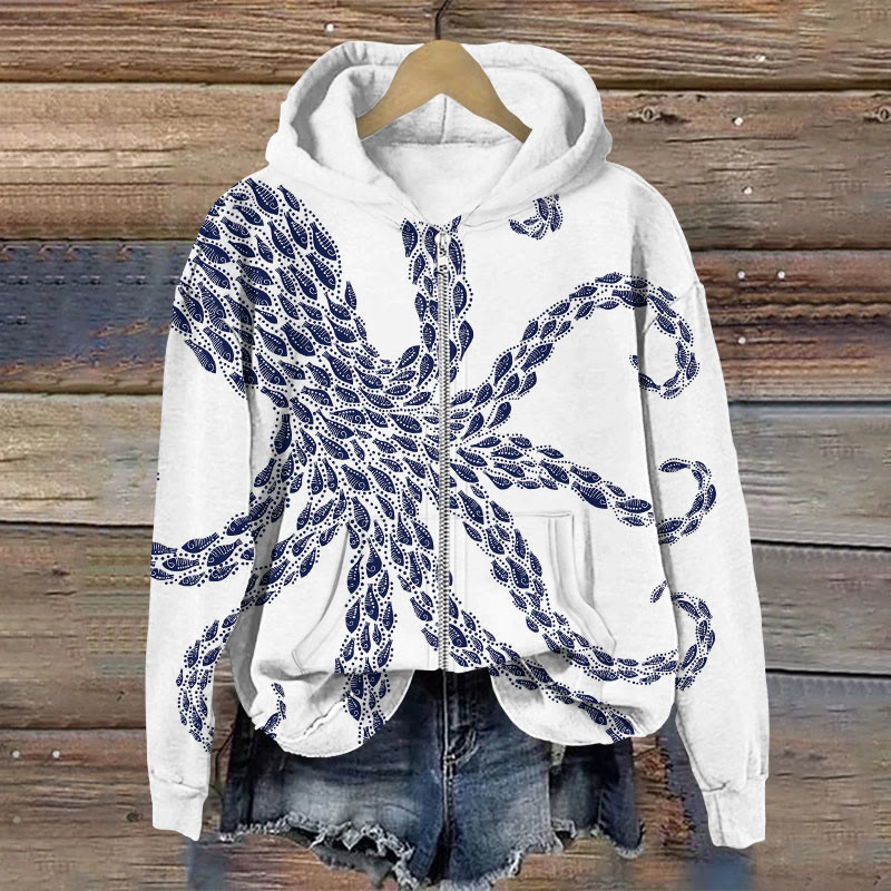 Octopus Tentacles And Fish Art Print Long Sleeve Zipper Hoodie - Light Gray - US28-30(4XL) - image 1