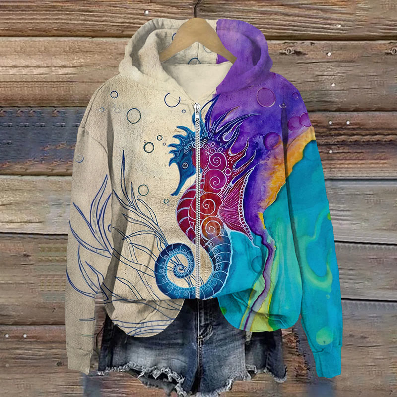 Colorful Seahorse Print  Long Sleeve Zipper Hoodie - Multicolor - US28-30(4XL) - image 1