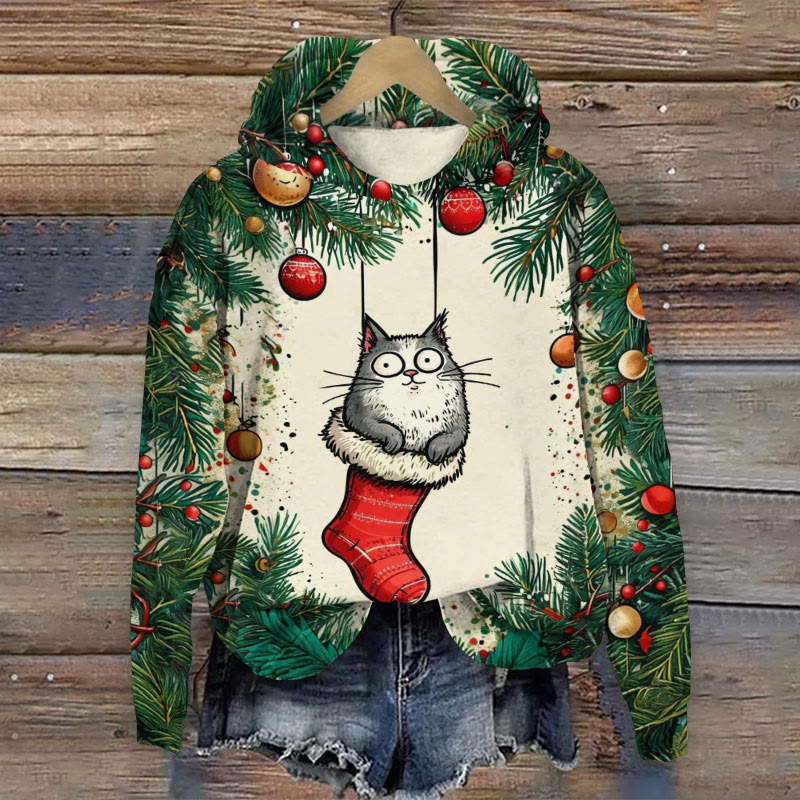 Fun Cat Christmas Print Long Sleeve Hoodie - Apricot - US44-46(8XL) - image 1