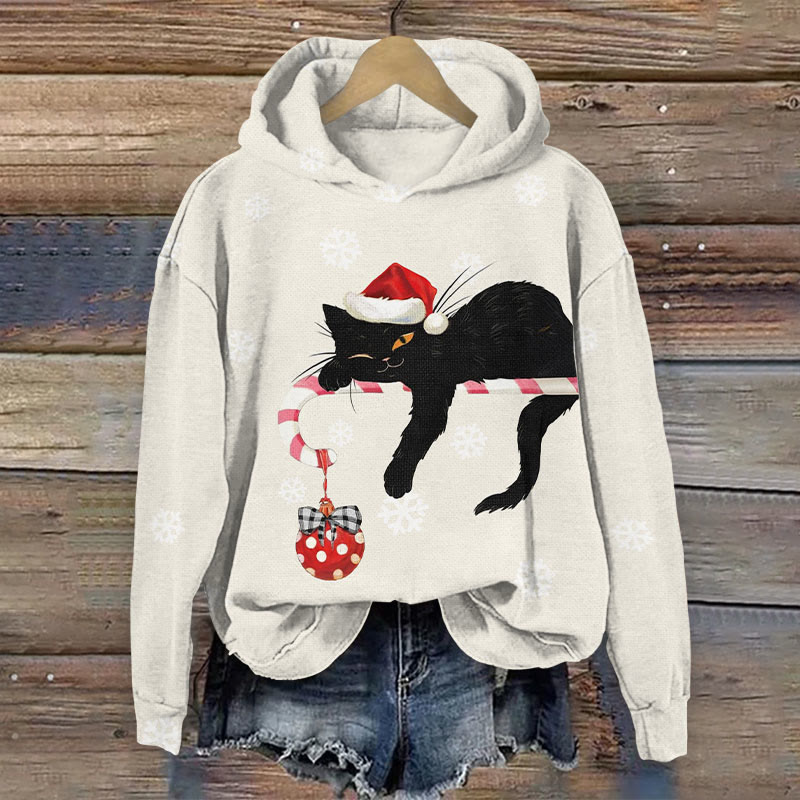 Black Cat Christmas  Print Long Sleeve Hoodie - Beige - US44-46(8XL) - image 1