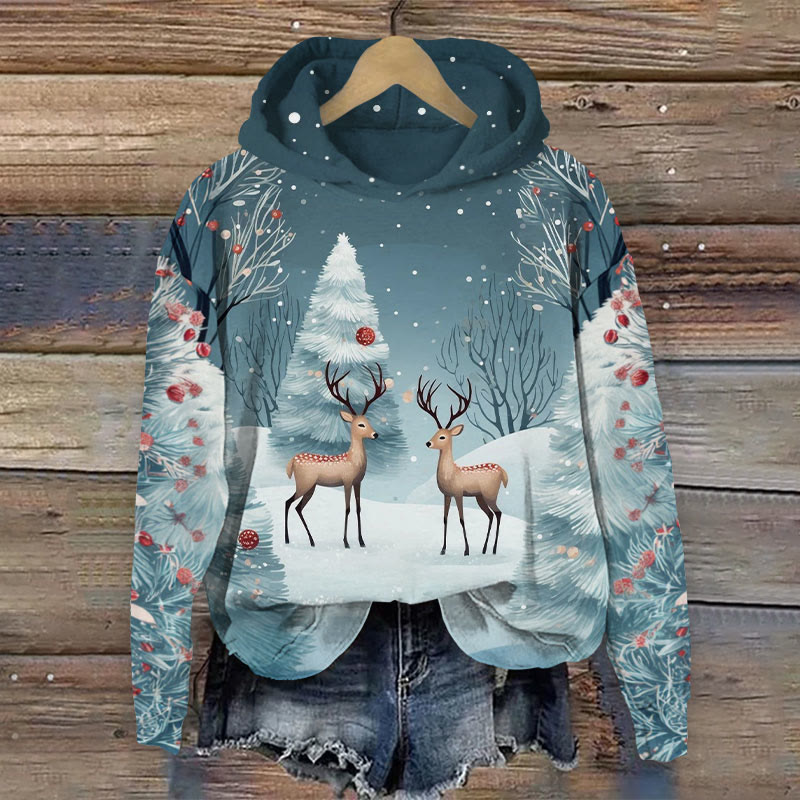 Christmas Snowflake And Reindeer Print Long Sleeve Hoodie - Blue - US44-46(8XL) - image 1