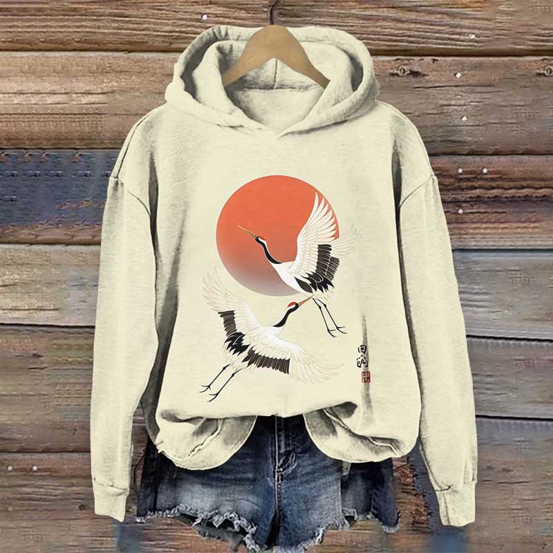 Japanese Vintage White Crane Flying Under The Sun Print Long Sleeve Hoodie - Apricot - US44-46(8XL) - image 1
