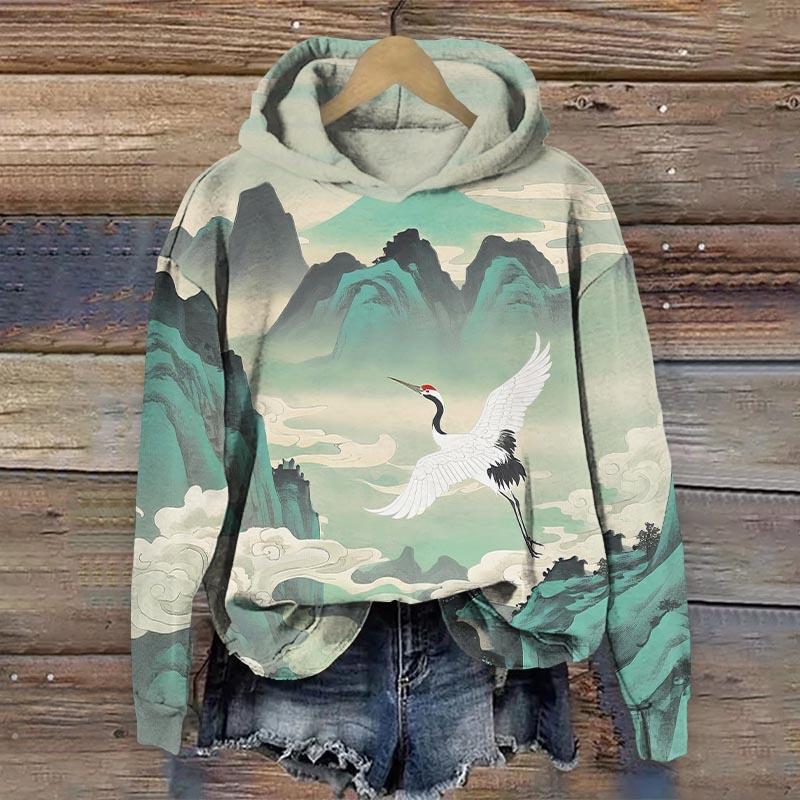 Japanese Vintage White Crane Flying Across The Mountain Print Long Sleeve Hoodie - Green - US44-46(8XL) - image 1