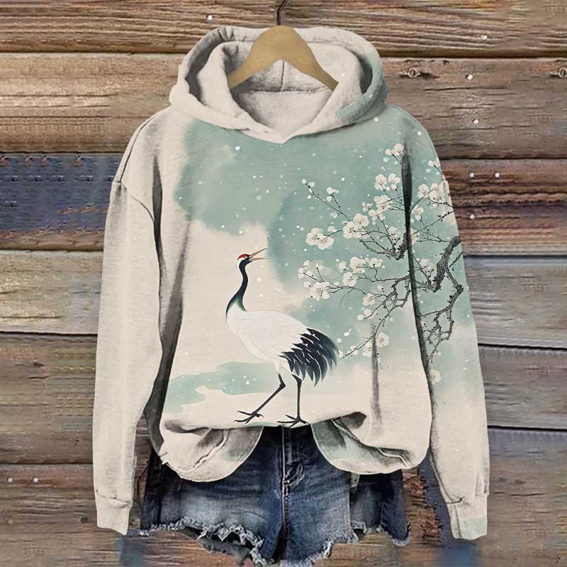 Japanese Vintage Crane Under The Sakura Blossom Print Long Sleeve Hoodie - Apricot - US44-46(8XL) - image 1