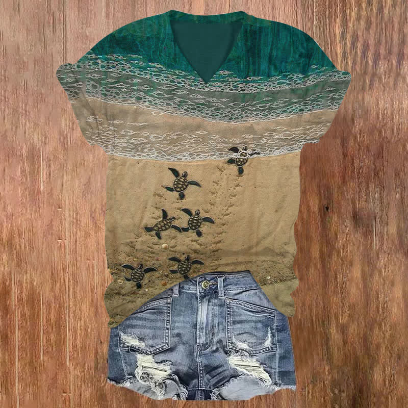 100% Cotton Baby Sea Turtles Beach Fiber Art Print V-neck T-shirt - Lake Blue - 5XL - image 1