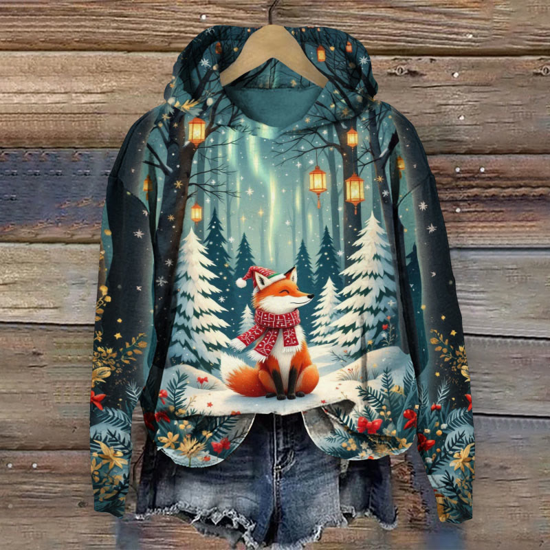Christmas Fox Print Long Sleeve Hoodie - Dark Green - US44-46(8XL) - image 1