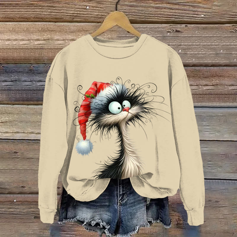 Christmas Cat Pattern Print Long Sleeve Sweatshirt - Apricot - US16-18(2XL) - image 1