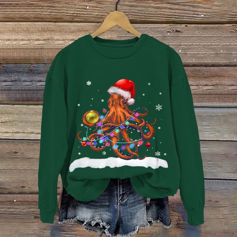 Christmas Octopus  Pattern Print Long Sleeve Sweatshirt - Green - US16-18(2XL) - image 1