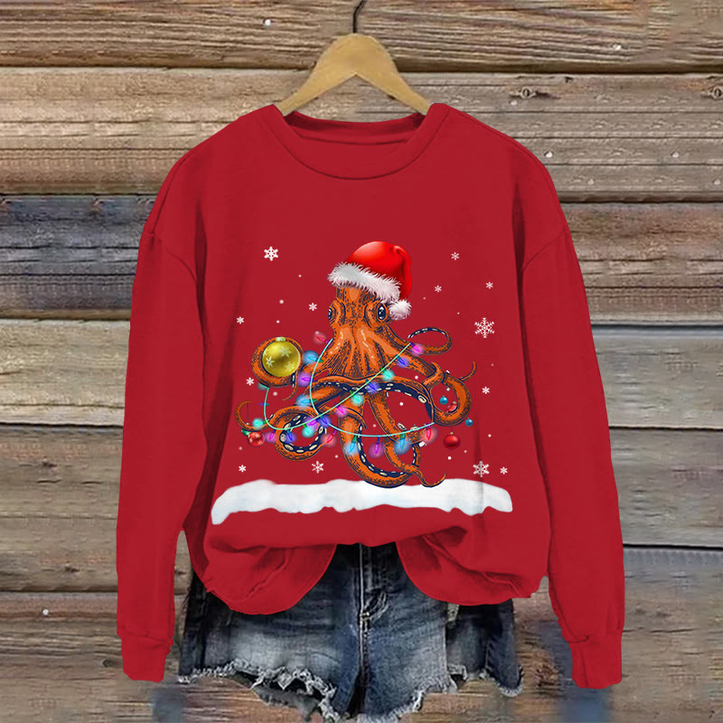 Christmas Octopus  Pattern Print Long Sleeve Sweatshirt - Red - US16-18(2XL) - image 2