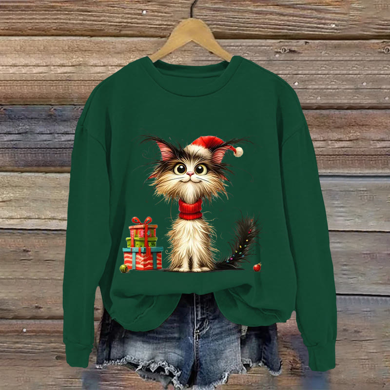 Christmas Cat Pattern Print Long Sleeve Sweatshirt - Green - US16-18(2XL) - image 1