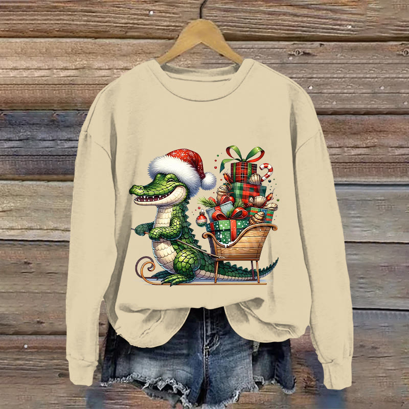 Christmas Dinosaur  Pattern Print Long Sleeve Sweatshirt - Apricot - US16-18(2XL) - image 1