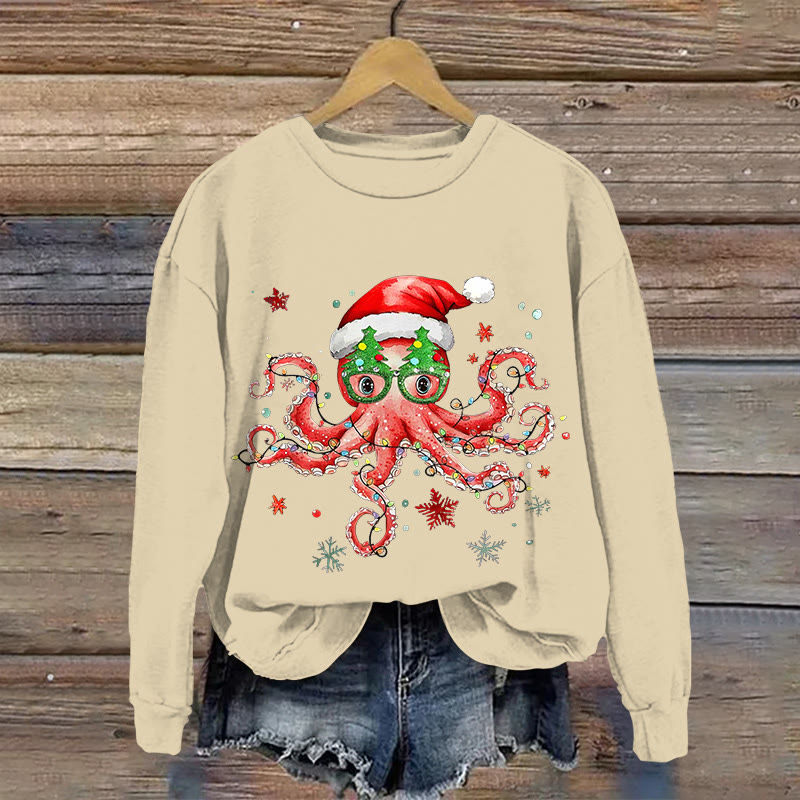 Fun LED Octopus Christmas Pattern Print Long Sleeve Sweatshirt - Apricot - US16-18(2XL) - image 1