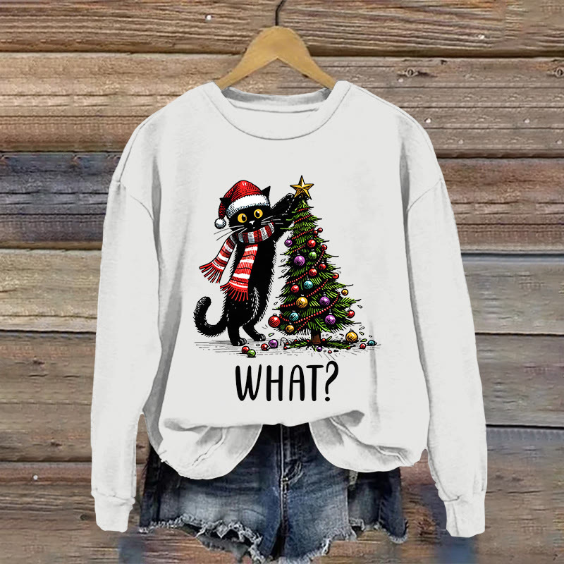 Fun Black Cat Christmas Pattern Print Long Sleeve Sweatshirt - White - US16-18(2XL) - image 1