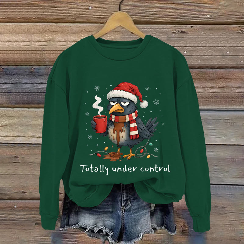 Christmas Fun Crow Drinking Coffee Pattern Print Long Sleeve Sweatshirt - Green - US16-18(2XL) - image 1