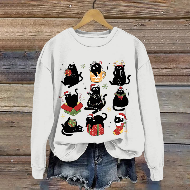 Christmas Cat Pattern Print Long Sleeve Sweatshirt - White - US16-18(2XL) - image 1