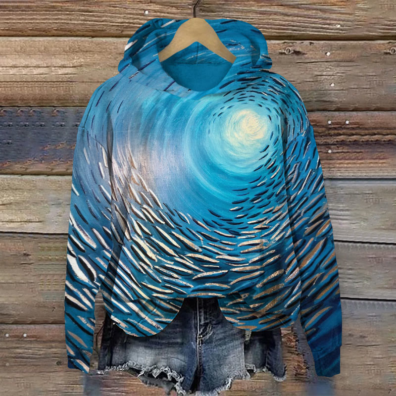 Ocean Vortex Fish Print Long Sleeve Hoodie - Dark Blue - US44-46(8XL) - image 1